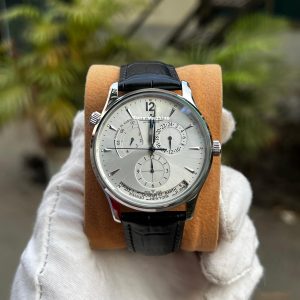 Jaeger-LeCoultre Master Geographic stainless steel automatic watch with a silver dial and a black strap. Master Grade