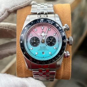 Tudor Heritage Black Bay Chronograph 79360N with a custom "Tiffany" and "Flamingo" blue and pink gradient dial. Master Grade