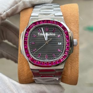 Patek Philippe Nautilus-style watch with a grey dial and a pink stone bezel and bracelet accents Euro Grade