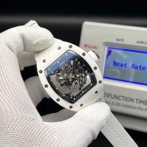 white ceramic Richard Mille RM 055 Bubba Watson watch with a skeletonized manual winding movement and a rubber strap. Swiss 1:1