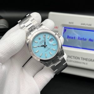 Rolex Datejust 41 (Reference 126300) in Oystersteel with a smooth bezel, Oyster bracelet, and a custom turquoise "Tiffany-style" dial.  Swiss 1:1