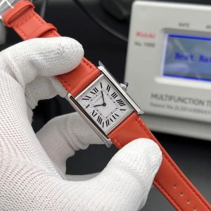 Cartier Tank watch with a custom orange Saffiano leather strap Swiss Grade