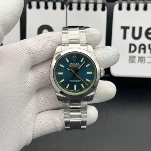 Rolex Oyster Perpetual Milgauss 40mm watch with a Z-Blue dial, green crystal, and an Oystersteel bracelet, reference 116400GV swiss 1:1 grade
