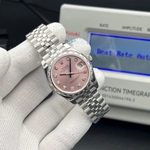 Rolex Datejust 31 in Oystersteel and white gold with a pink dial, diamond hour markers, a diamond-set bezel, and a Jubilee bracelet swiss 1:1 grade