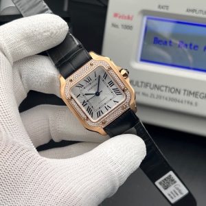 Cartier Santos de Cartier medium model watch (Ref. WJSA0012) featuring an  pink gold case with a diamond-set bezel, a silver sunray-effect dial, and a black strap swiss 1:1