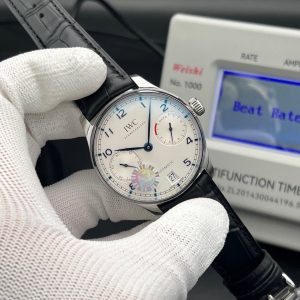 IWC Portugieser Automatic watch with a silver-plated dial, blued hands, and a black  strap swiss 1:1 grade