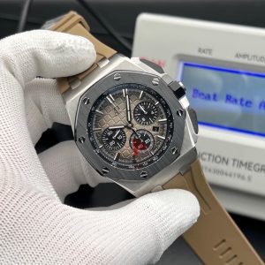 Audemars Piguet Royal Oak Offshore Chronograph (Reference: 26400IO.OO.A004CA.01)  black ceramic bezel, a slate-grey dial with a “Méga Tapisserie” pattern, and a light brown/taupe rubber strap swiss 1:1 grade