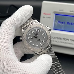 Omega Seamaster Diver 300M, specifically the 42 mm stainless steel model featuring a grey dial and a titanium mesh bracelet swiss 1:1 grade