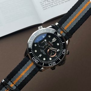 Omega Seamaster Diver 300M 007  chronograph  black ceramic bezel and striped NATO strap Euro Grade